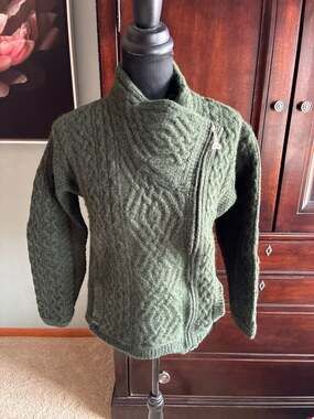 Blarney Woollen Mills Aran Alannah Biker Jkt Army Grn Merino Wool Card Sz L A409